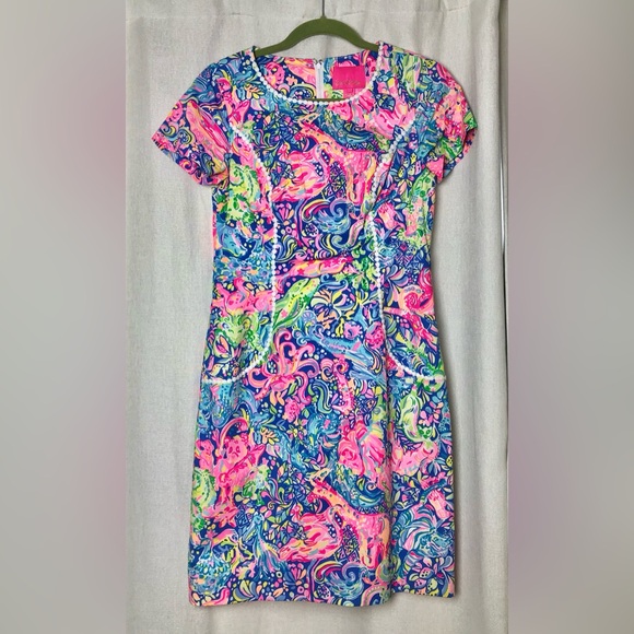 Lilly Pulitzer Shift Dress Pink Blue Floral Short Sleeve Crew Neck Knee Length 2 - Picture 2 of 16